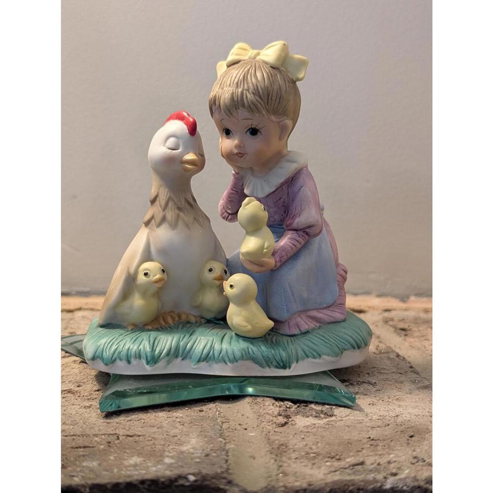 Adorable Vintage Enesco Porcelain Figurine of Girl with Hen and Chicks
